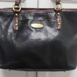 Brahmin Black Leather Tote with Brown Croc-Trim and Gold Hardware